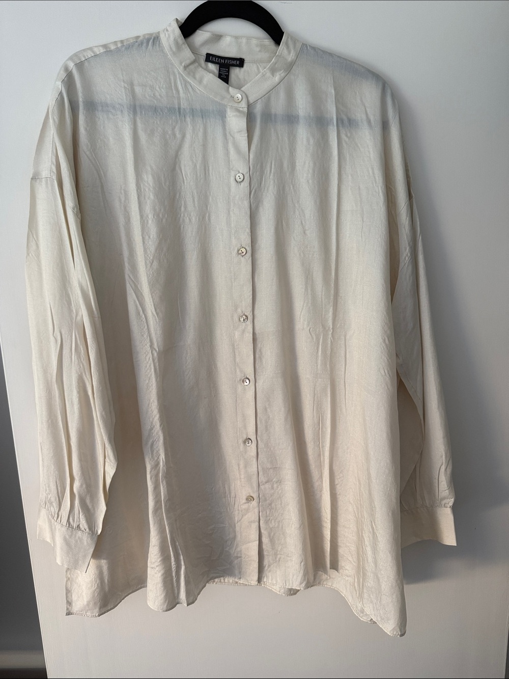 EILEEN FISHER women’s Ivory Silk Mandarin-Collar Button Front Tunic Shirt